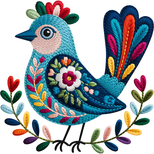 Folk Art Bird DTF Sticker with Animal Fabric Design