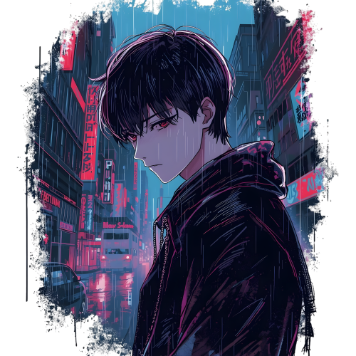 Anime Boy in Neon City DTF T-Shirt Prints | Custom Anime Streetwear