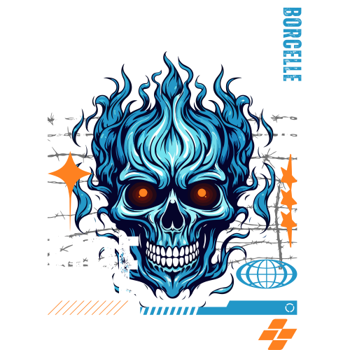 Flame Skull fire. Blue fabric DTF Print with skull design