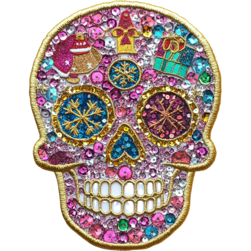High-definition Tahari jeweled beaded skull DTF transfer for custom printing on fabric